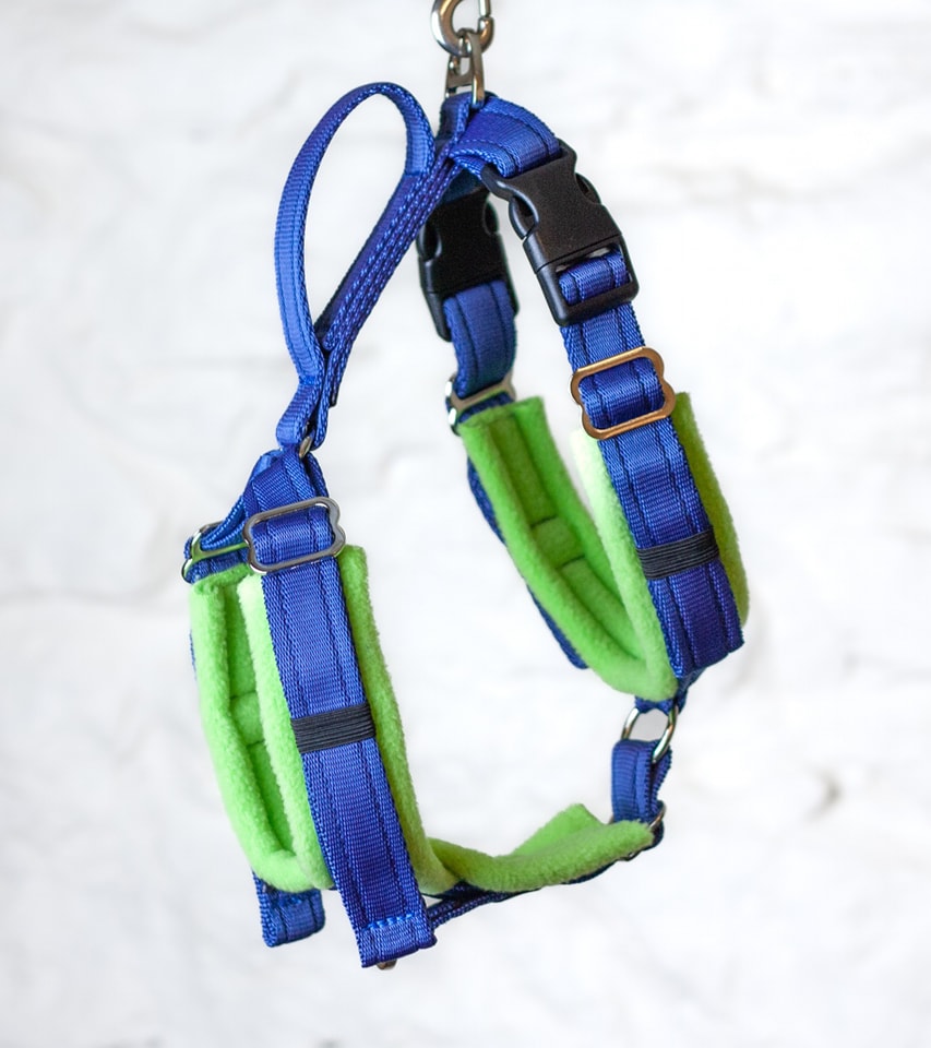 Vari-fit adjustable dog harness, fleece lined with custom options and colours.