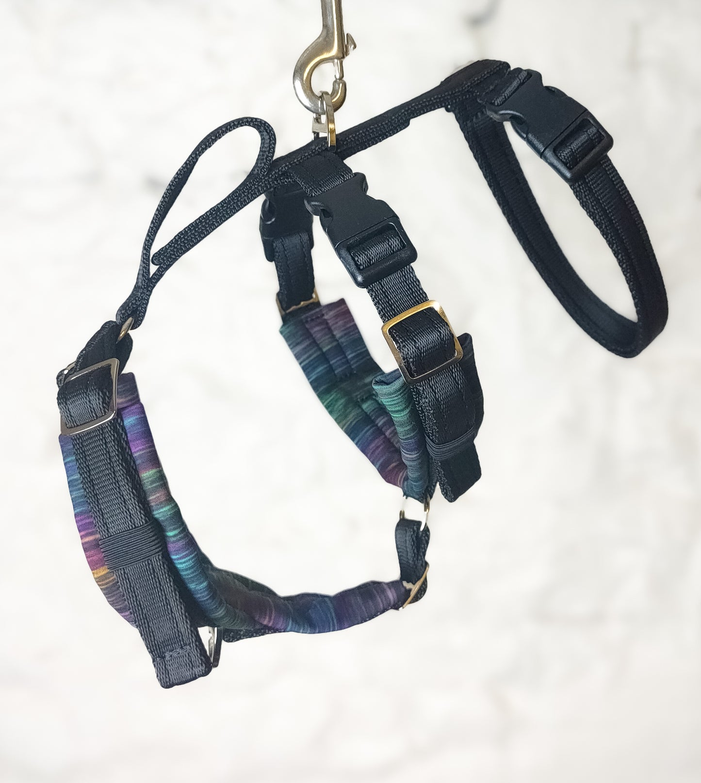 Fully adjustable, softshell padded escape proof dog harness. Custom made to measure with handle.