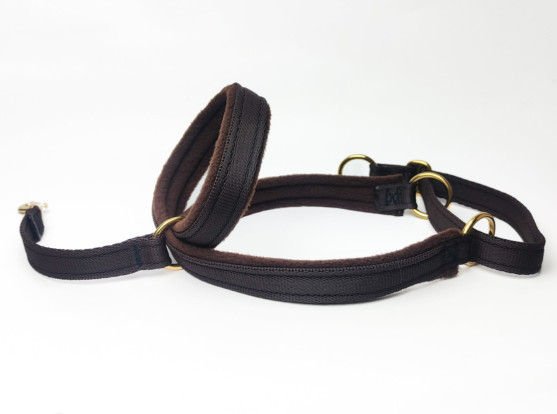 Martingale headcollar no pull dog accessory with brass hardware and safety link