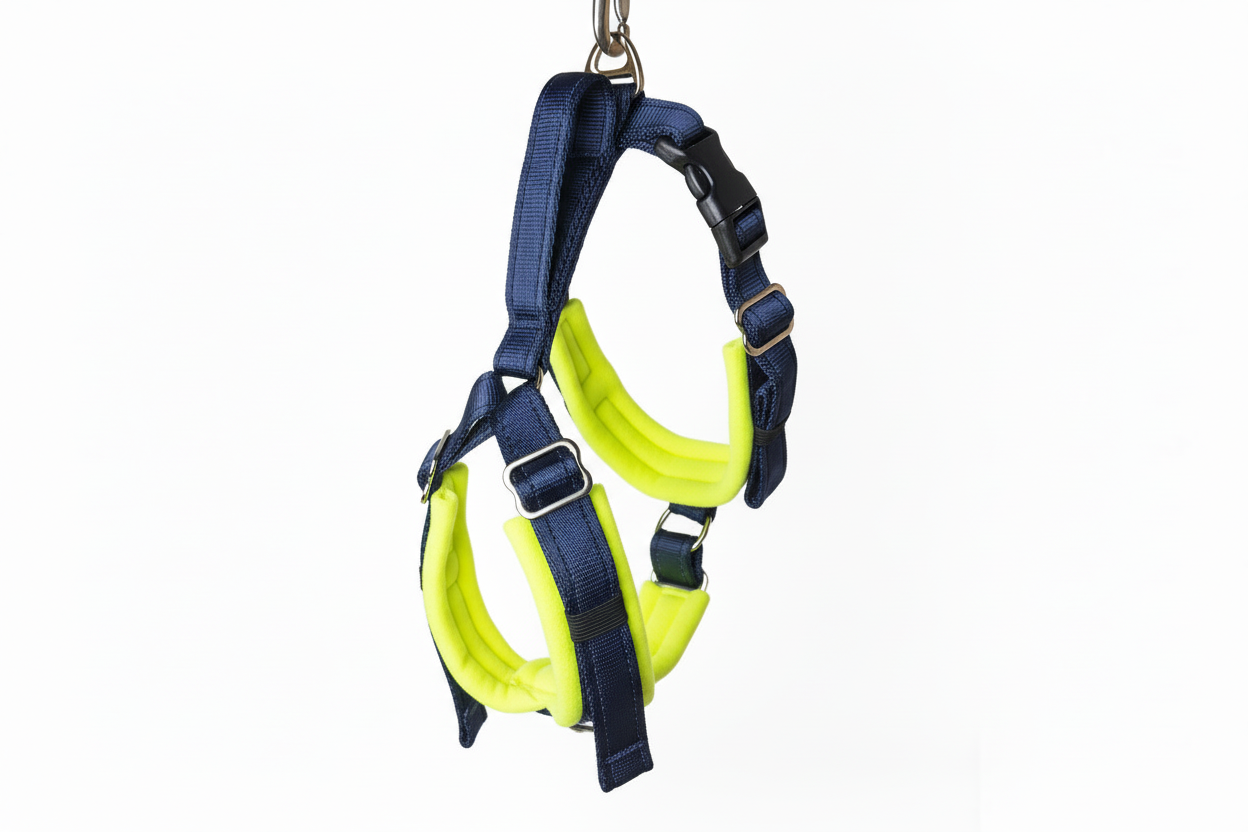 Navy blue and high-vis yellow harness