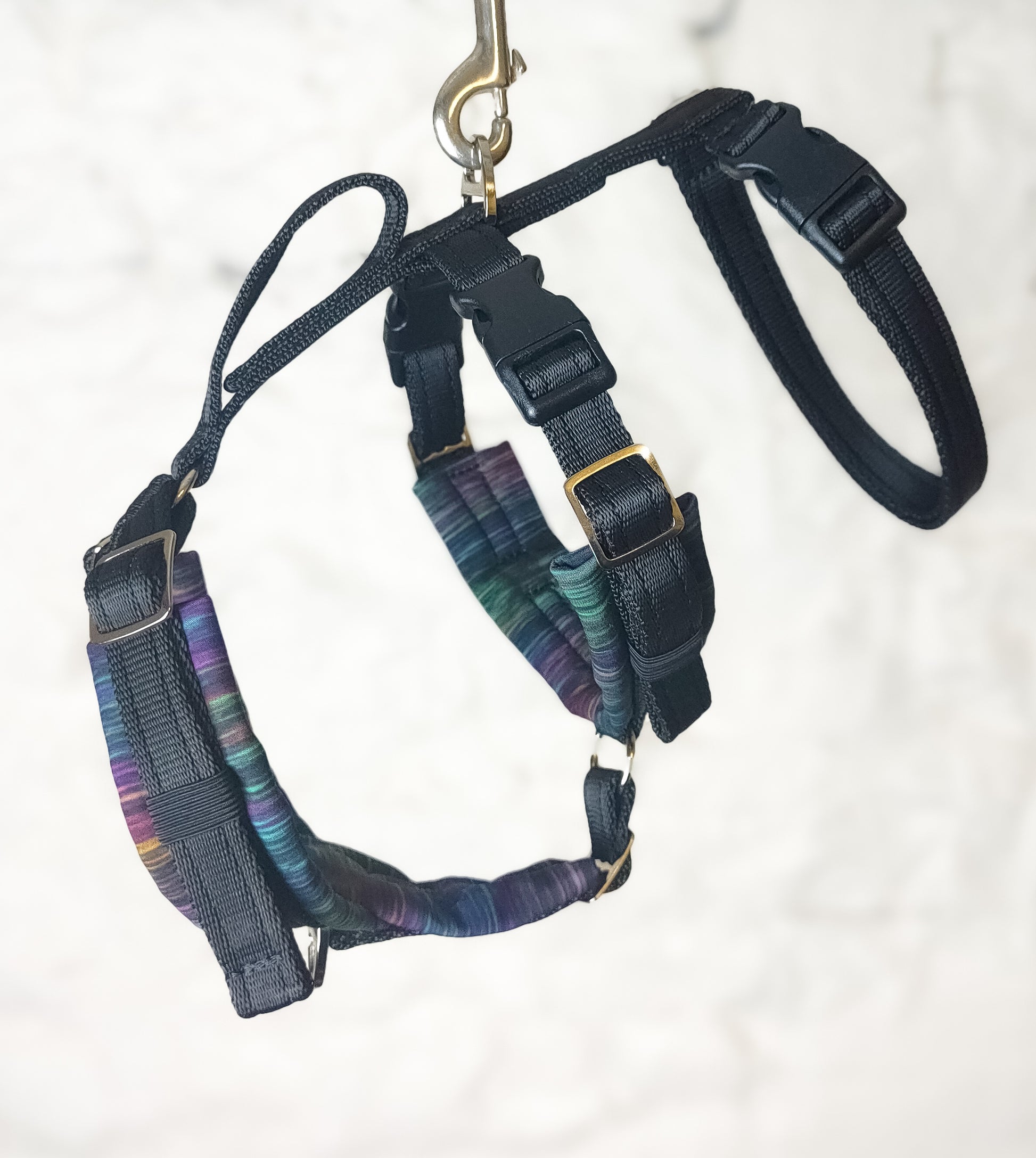 Fully adjustable, softshell padded escape proof dog harness. Custom made to measure with handle.