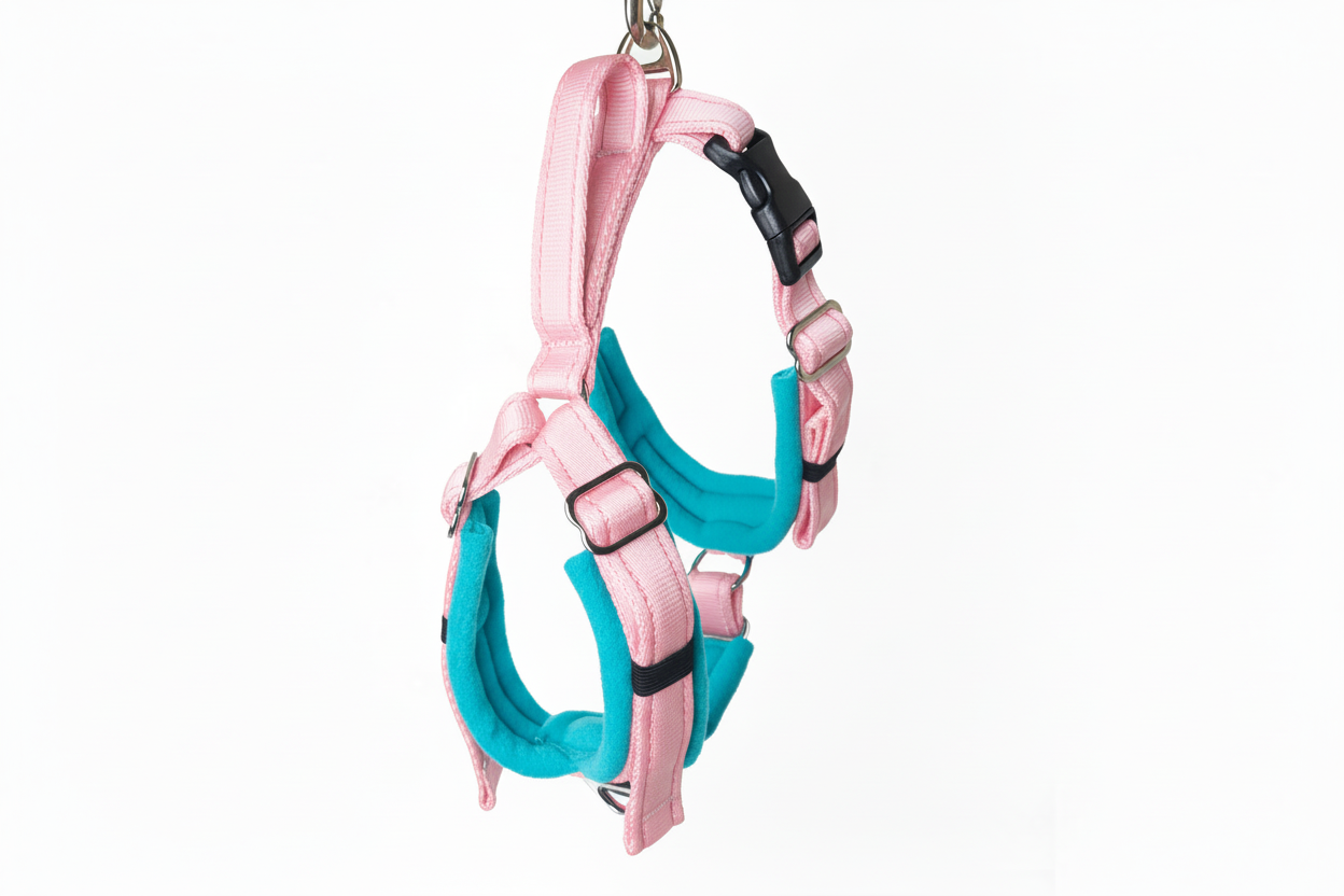 Baby pink and bright turquoise harness