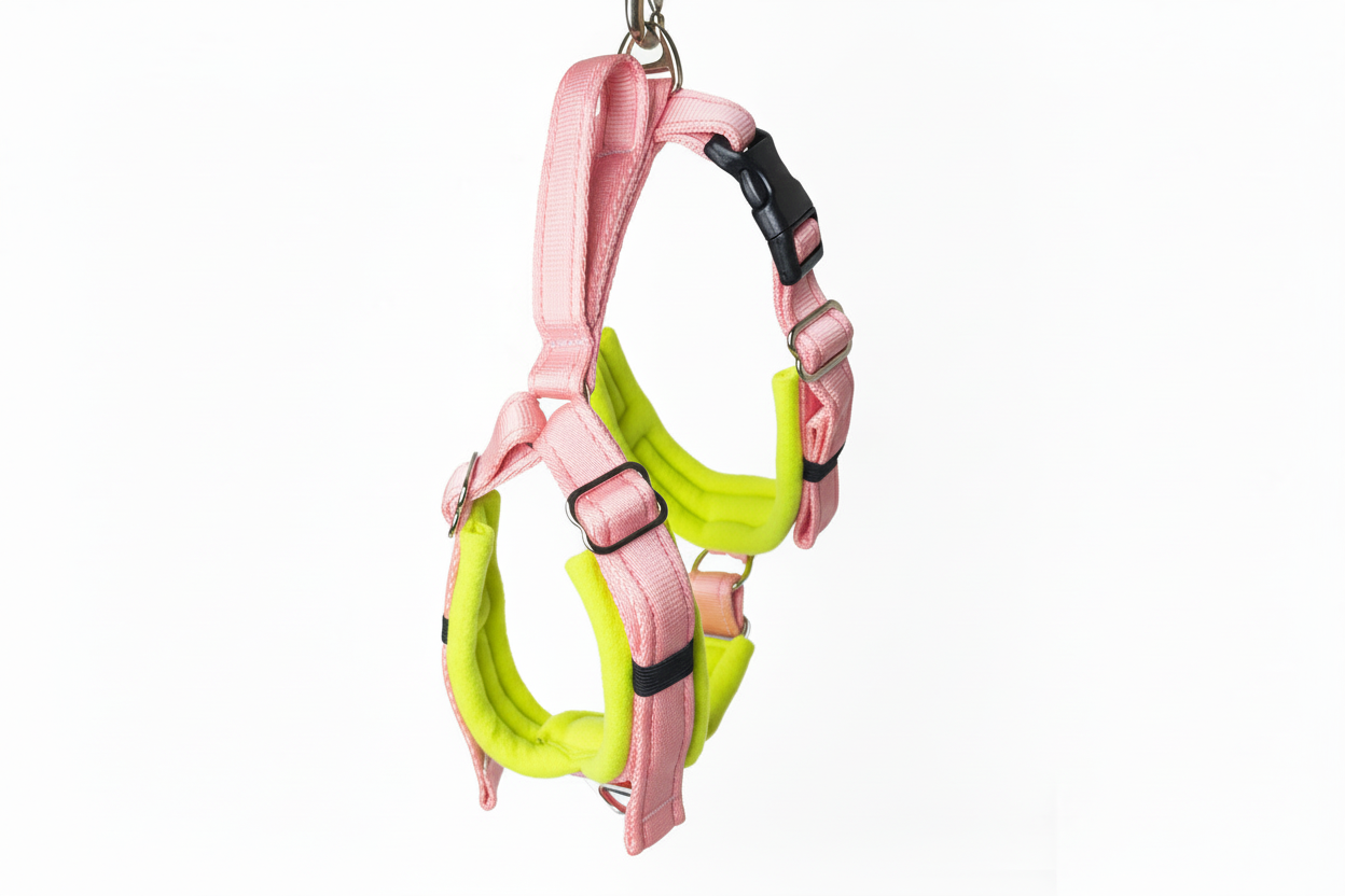 Baby pink and high-vis yellow harness