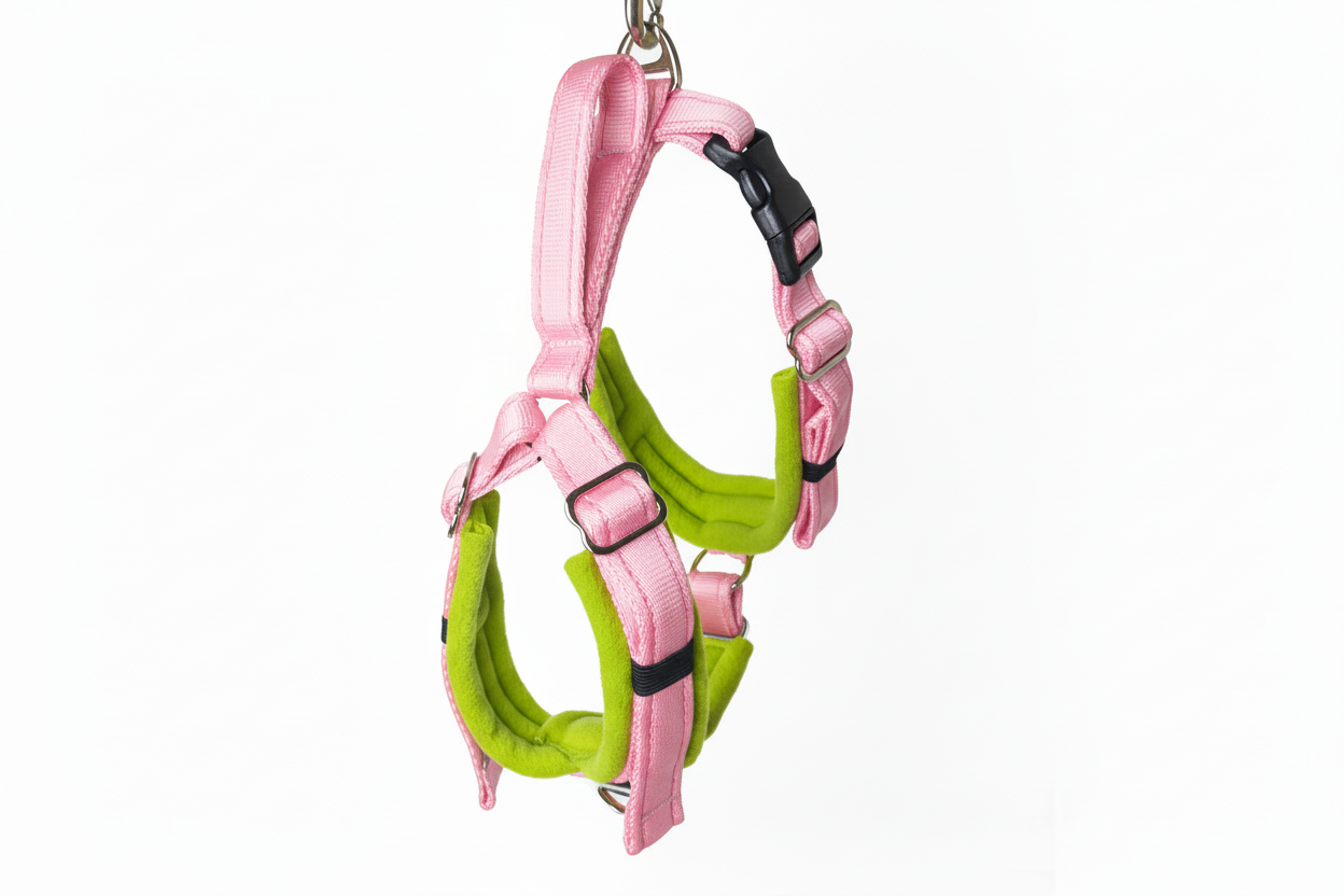 Baby pink and lime green harness
