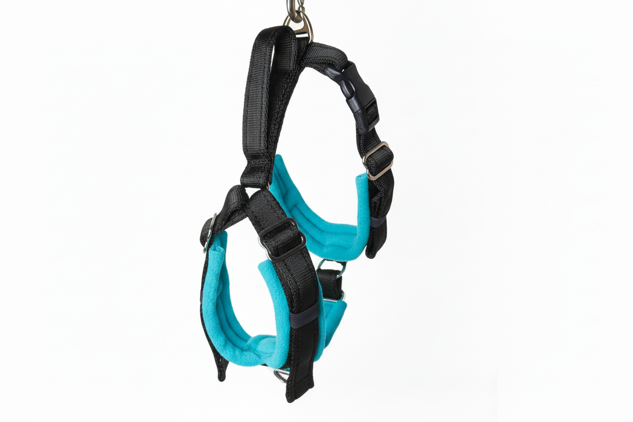 Black and bright turquoise harness