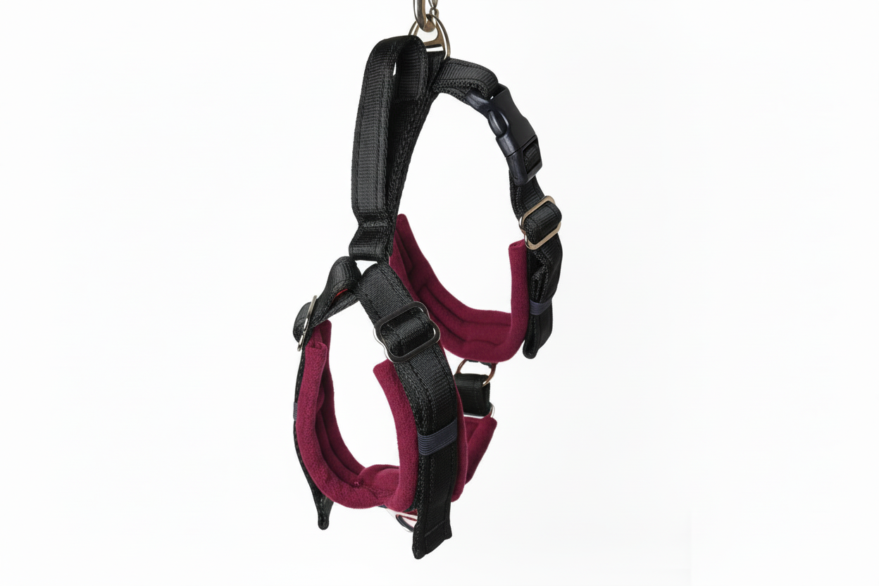 Black and burgundy harness