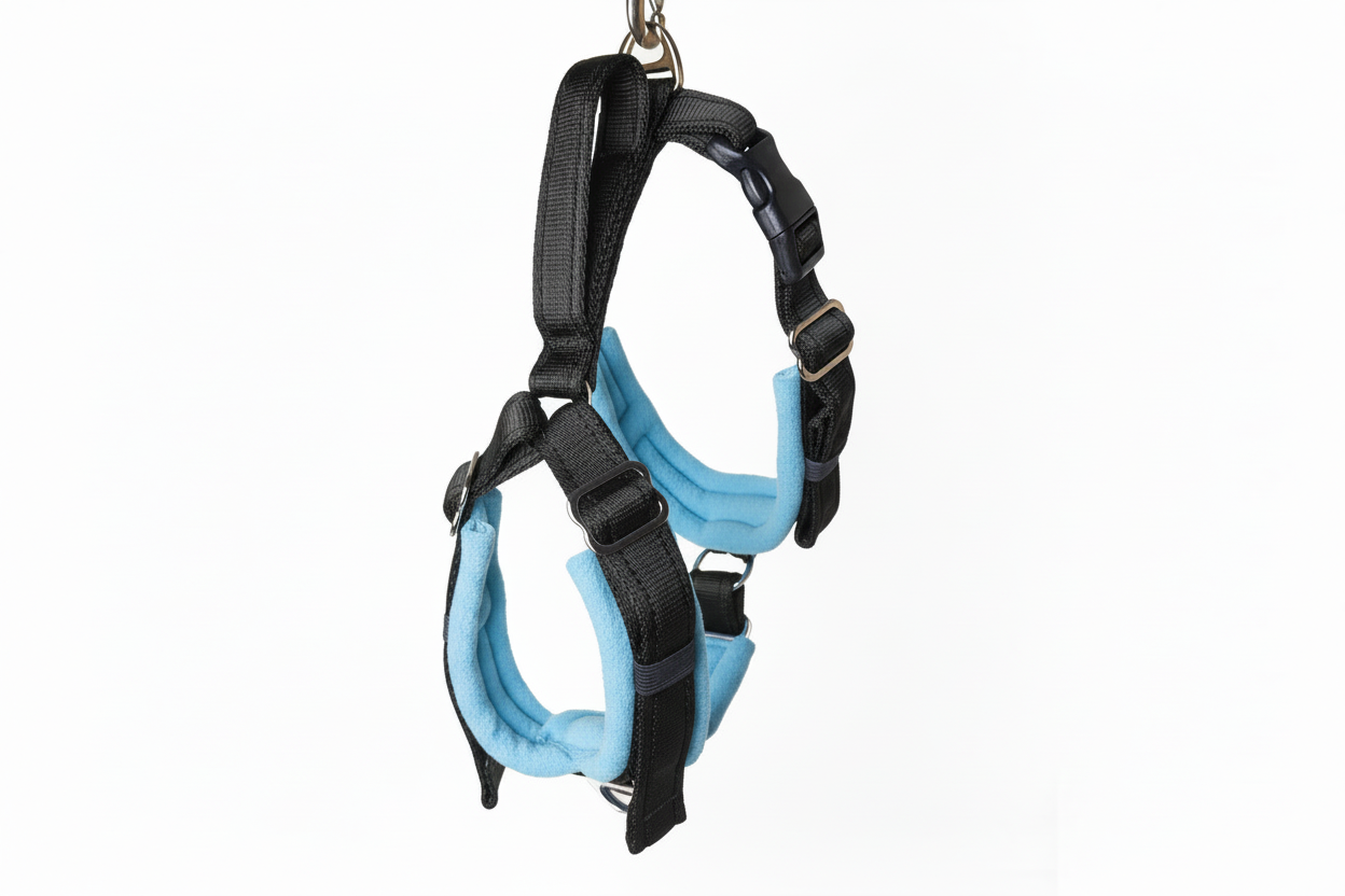 Black and sky blue harness