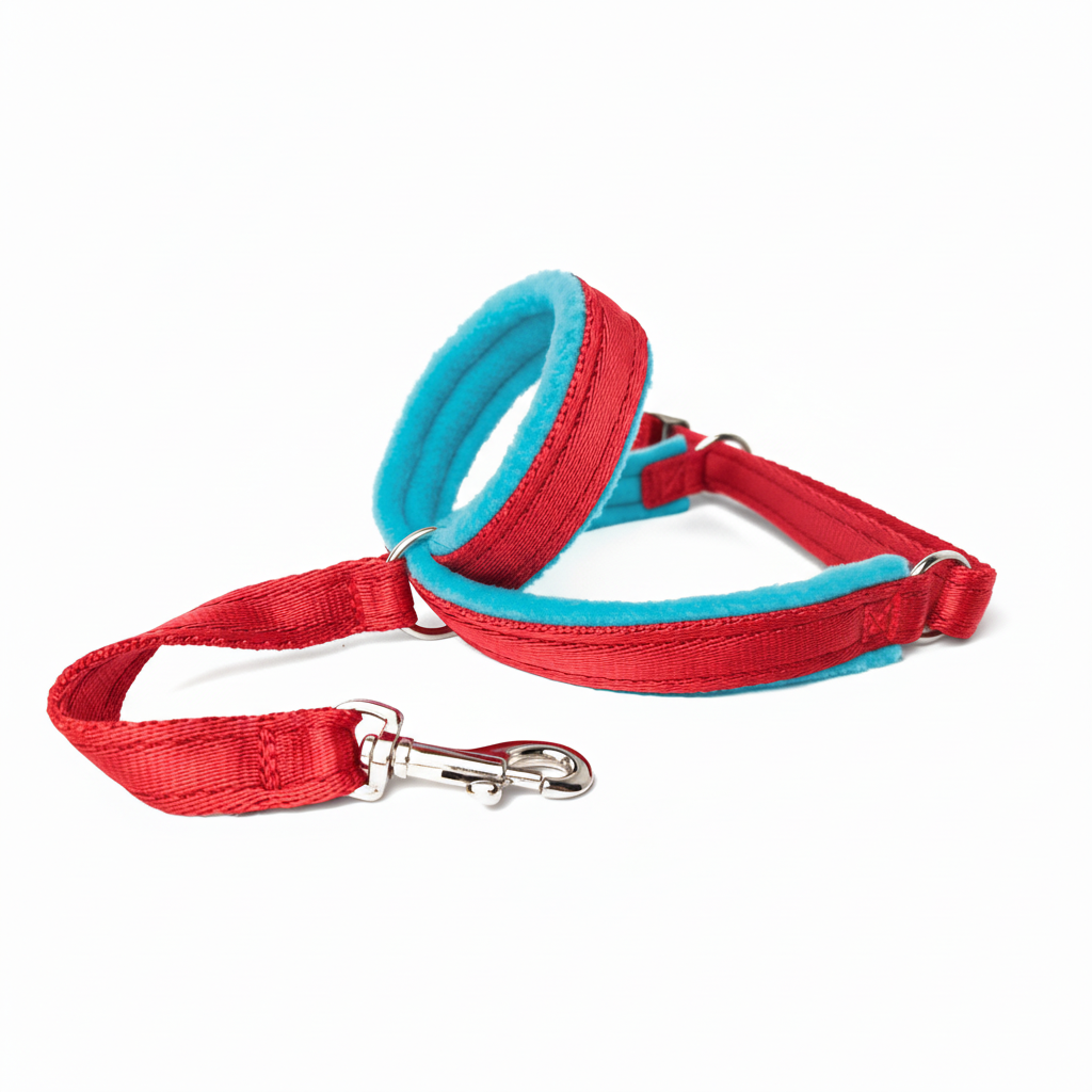 Bright red webbing with turquoise padding