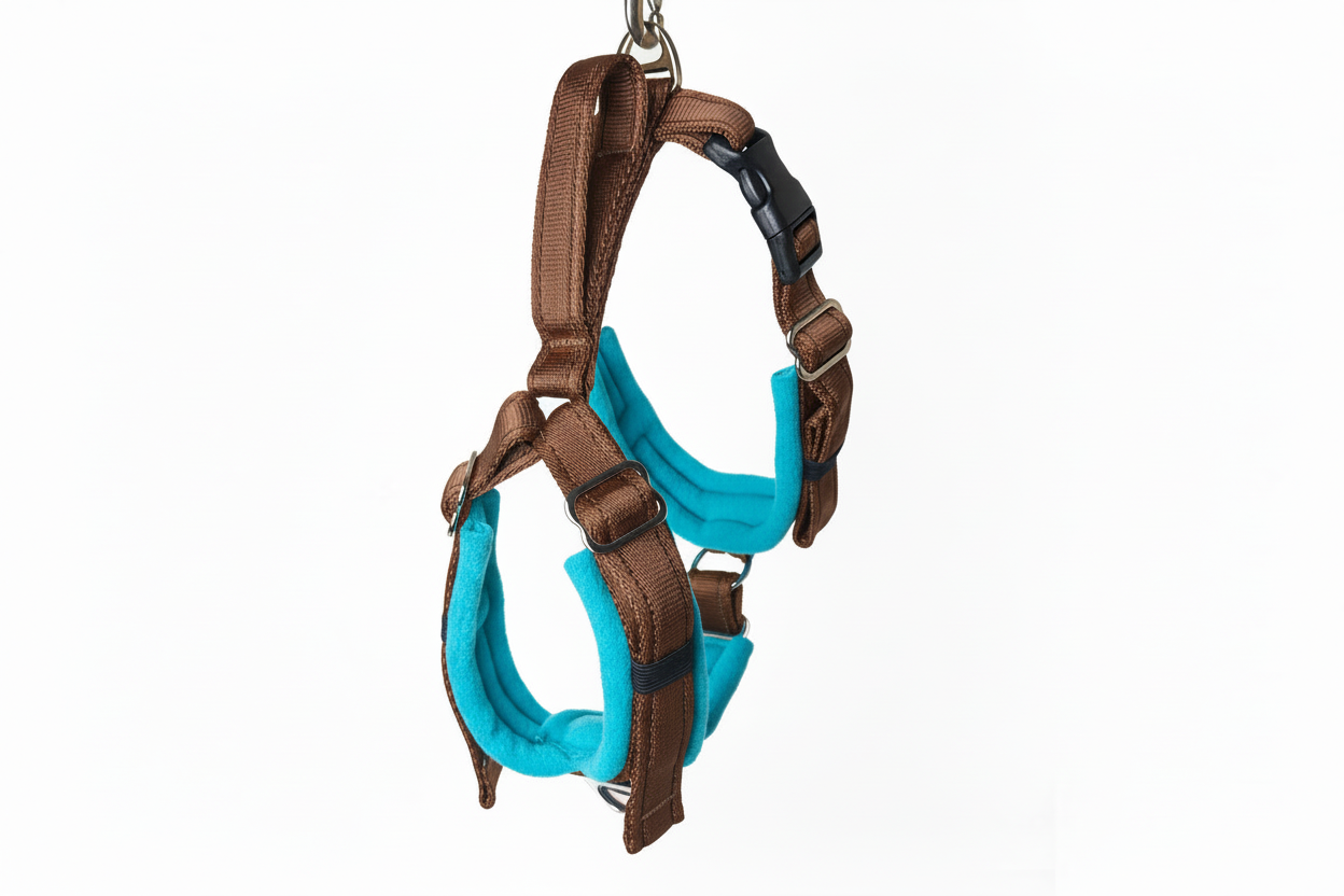 Brown and bright turquoise harness