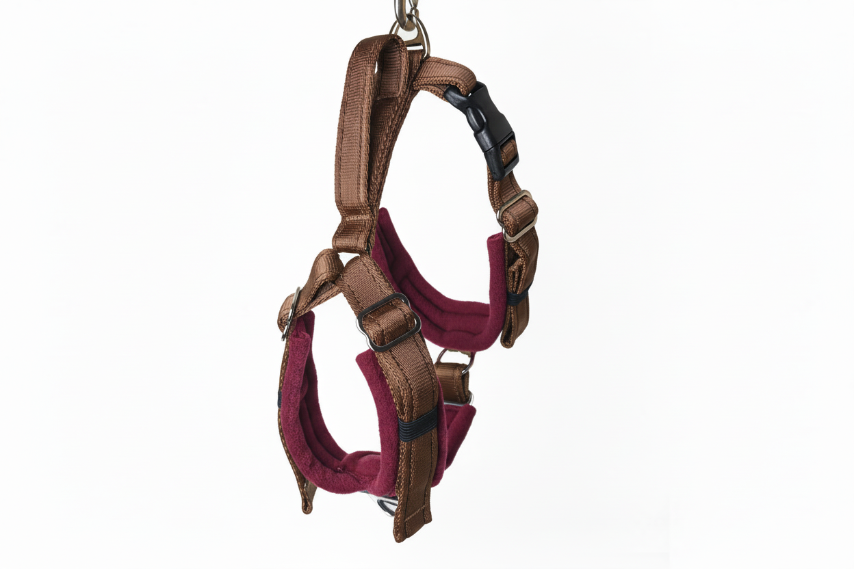 Brown and burgundy harness
