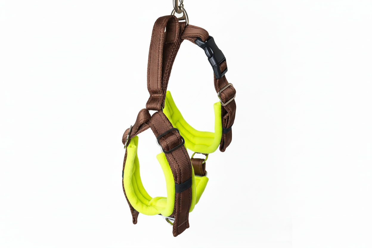 Brown and high-vis yellow harness