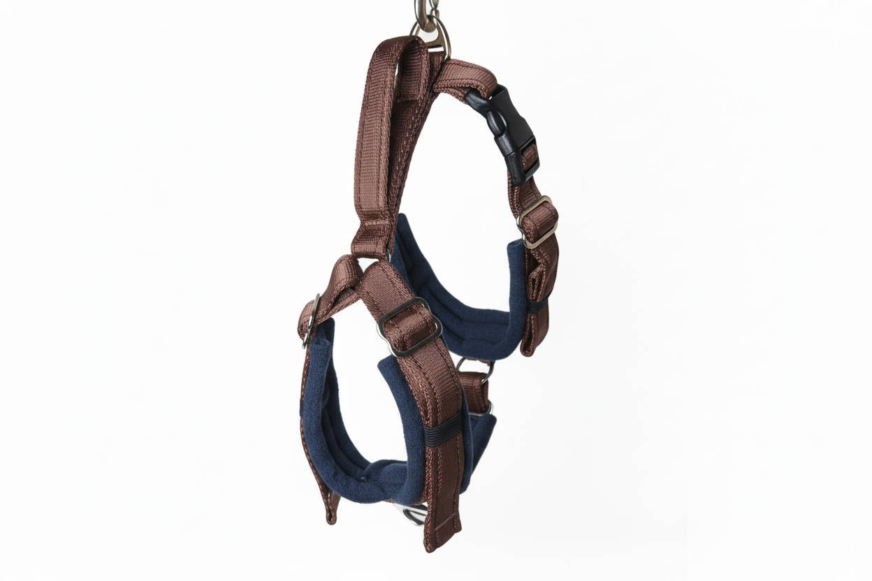 Brown and navy harness