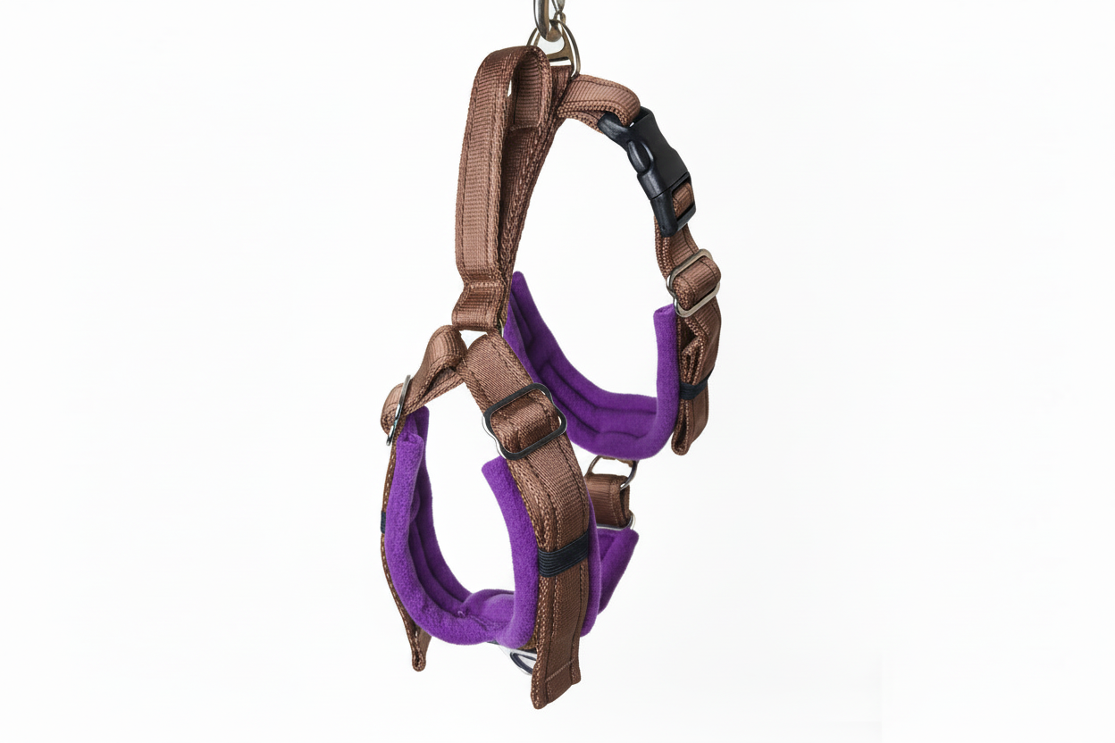 Brown and purple harness