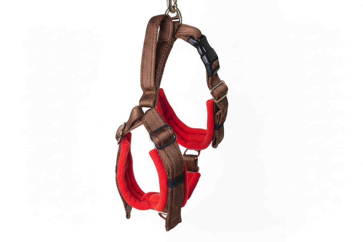 Brown and red harness