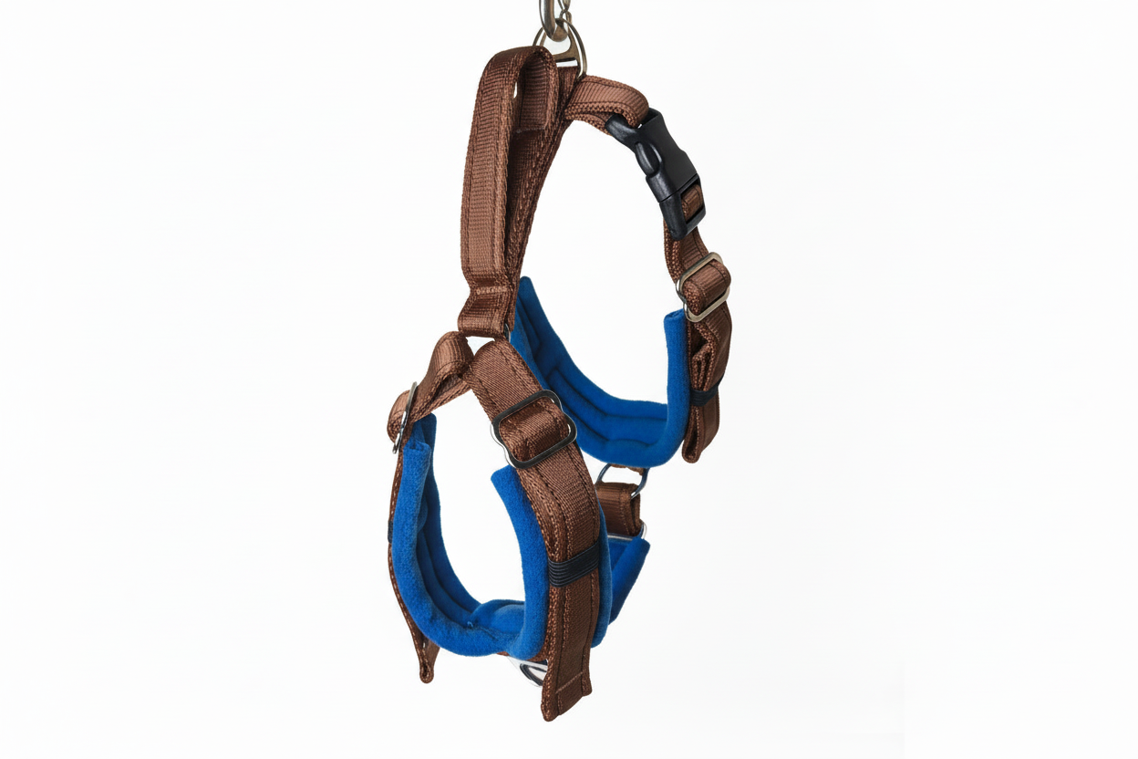 Brown and royal blue harness