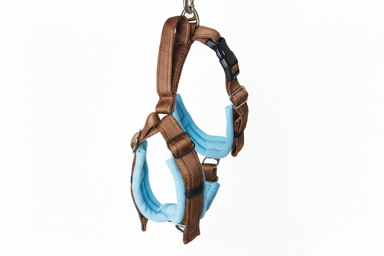 Brown and sky blue harness