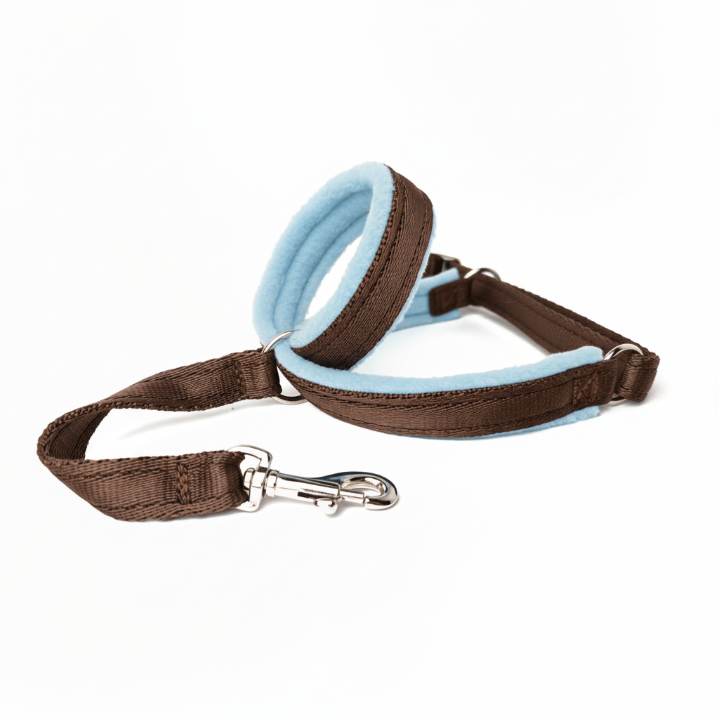 Brown webbing with very pale sky blue padding