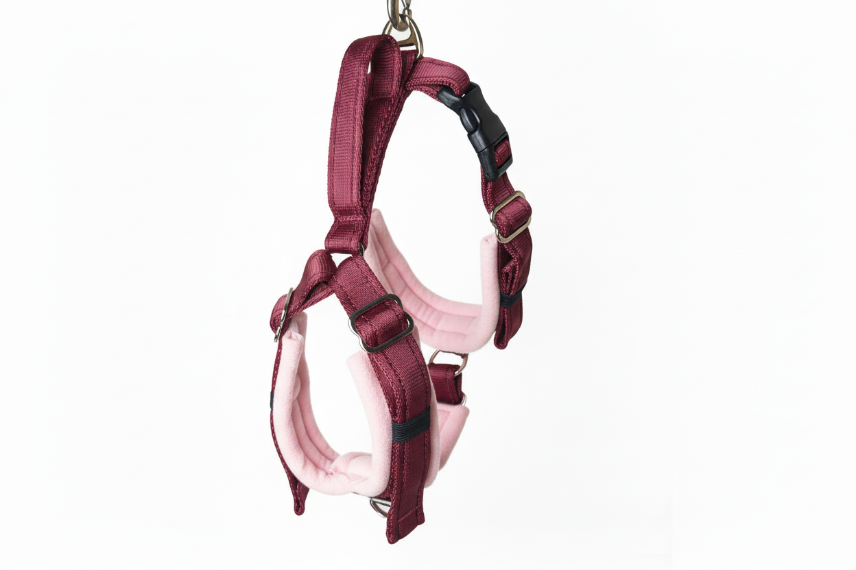 Burgundy and baby pink harness