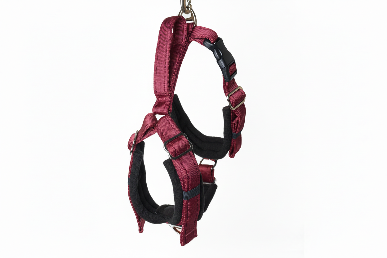 Burgundy and black harness
