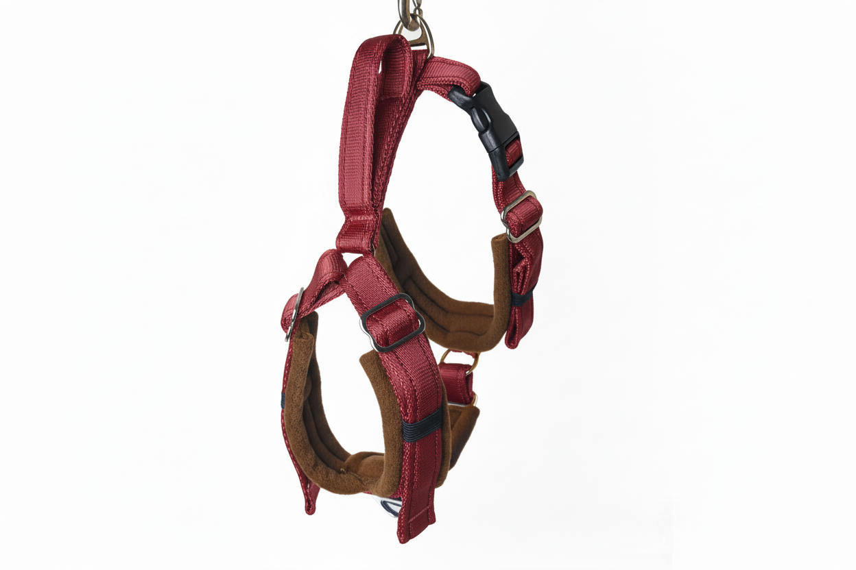 Burgundy and brown harness