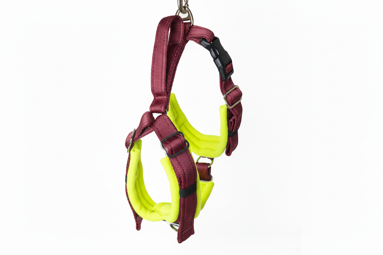 Burgundy and high-vis yellow harness