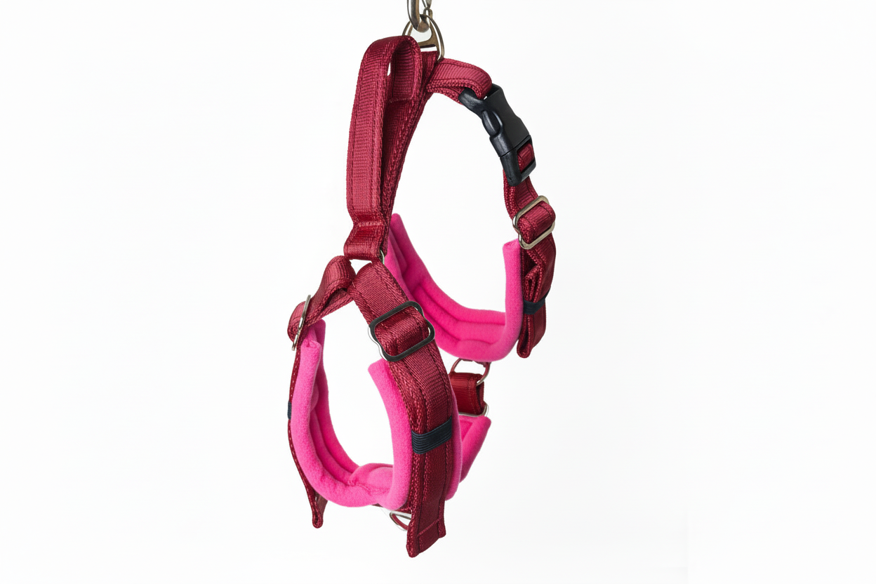Burgundy and hot pink harness