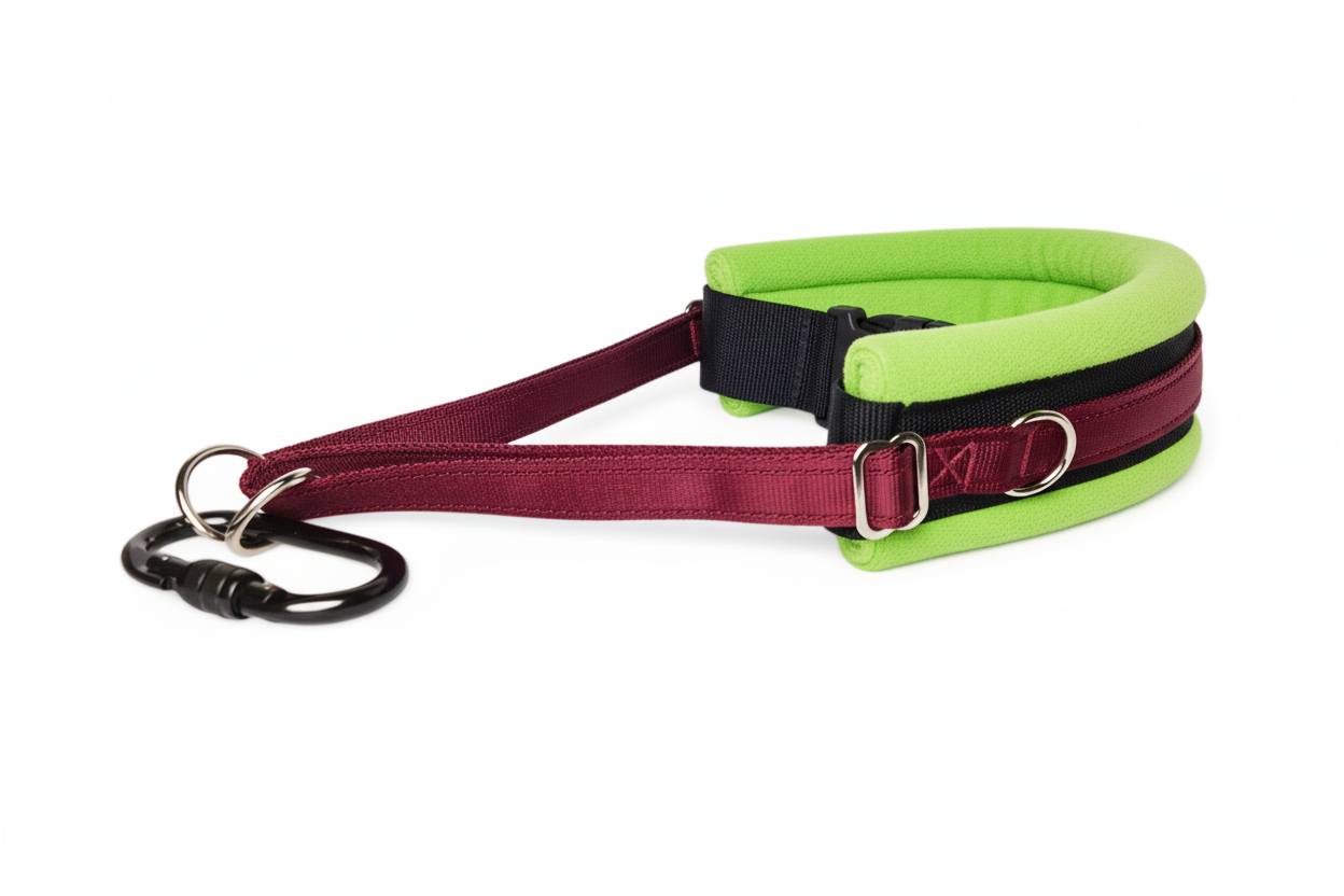 Burgundy and lime green collar