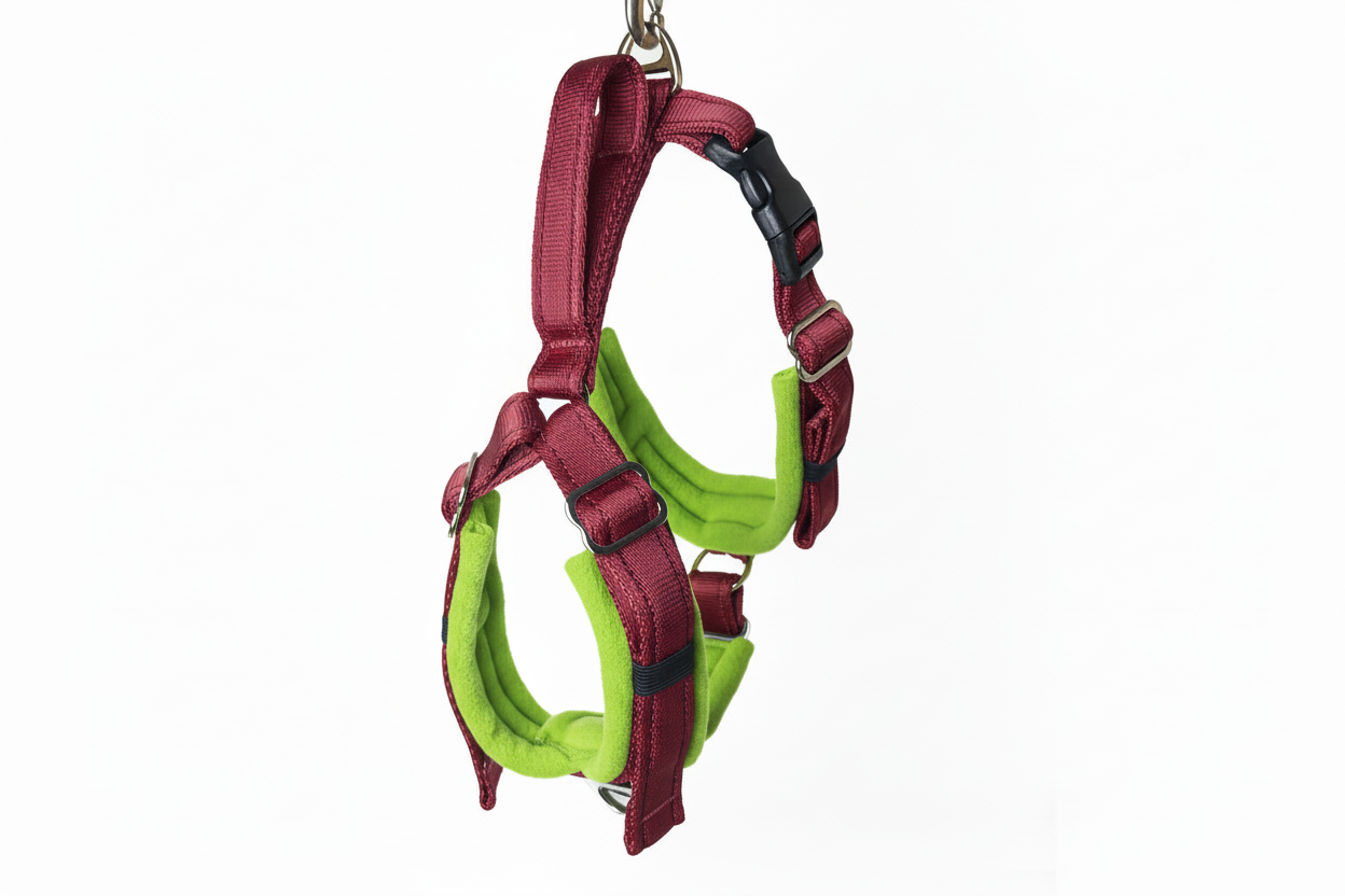 Burgundy and lime green harness