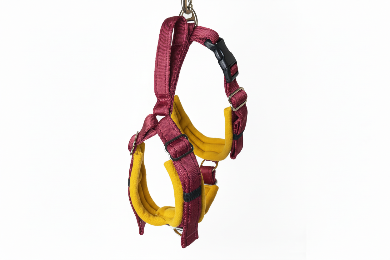 Burgundy and mustard harness