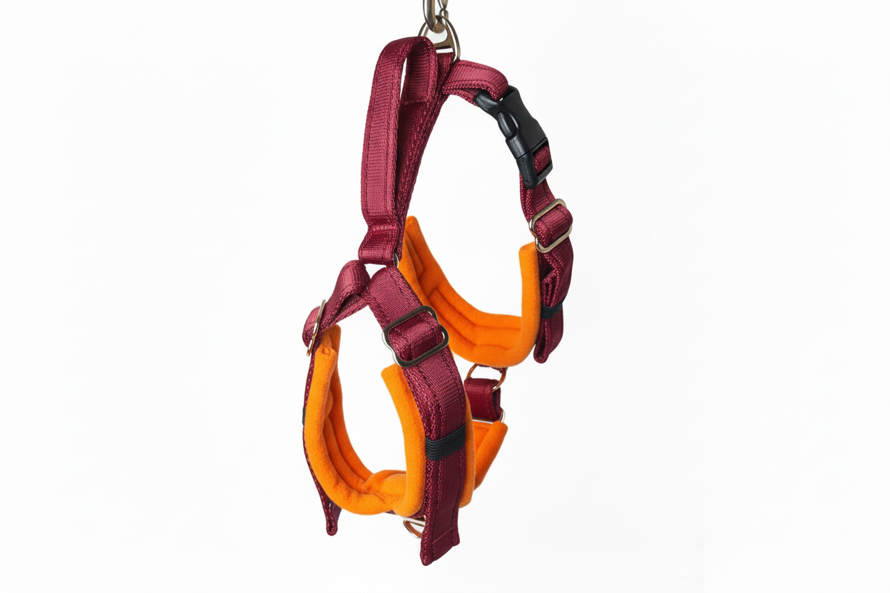Burgundy and orange harness