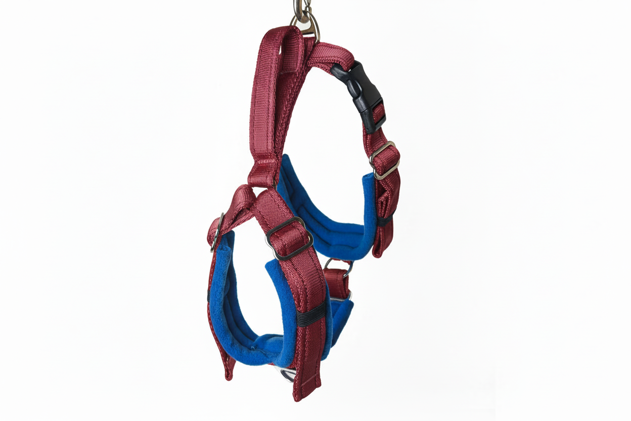 Burgundy and royal blue harness