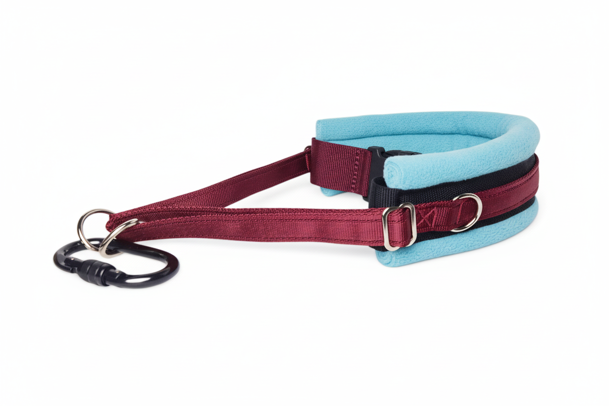Burgundy and sky blue collar