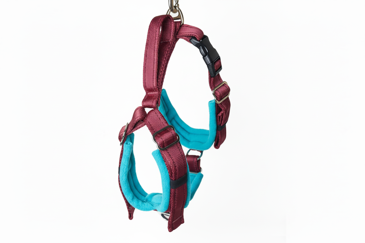 Burgundy and turquoise harness