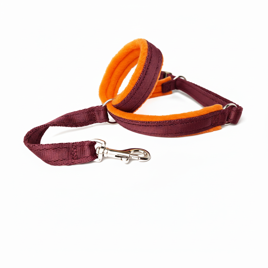 Burgundy webbing with bright orange padding