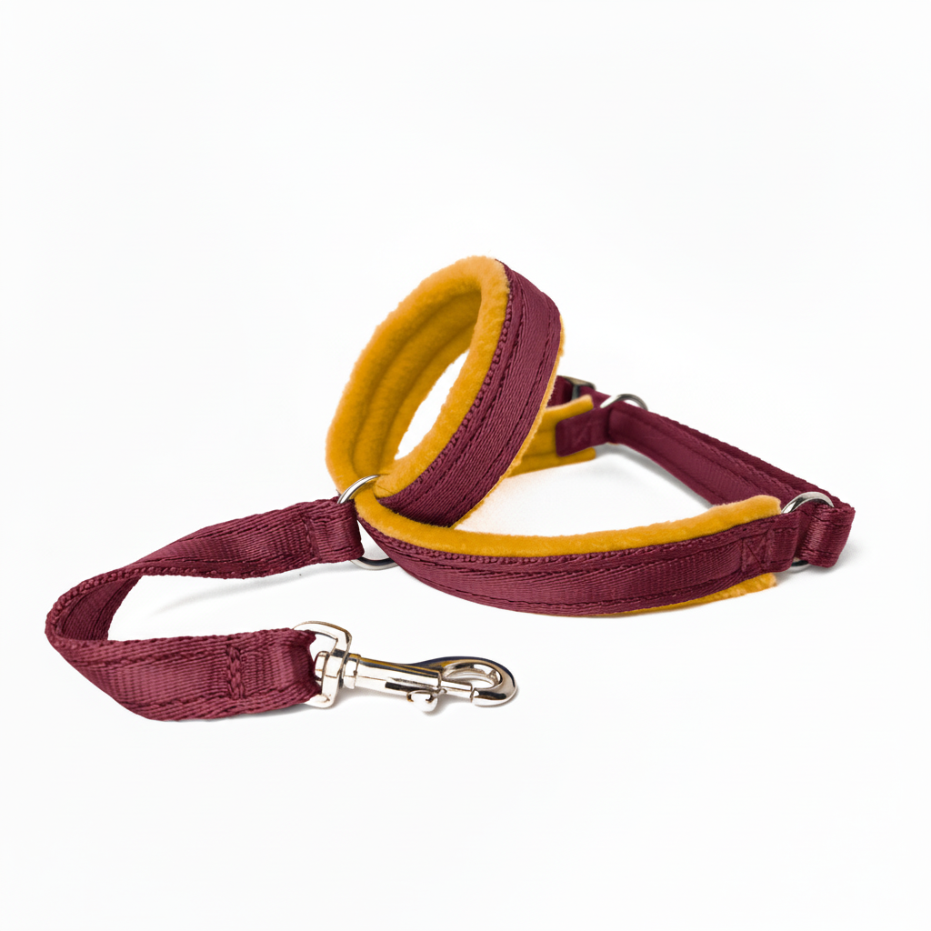 Burgundy webbing with mustard padding