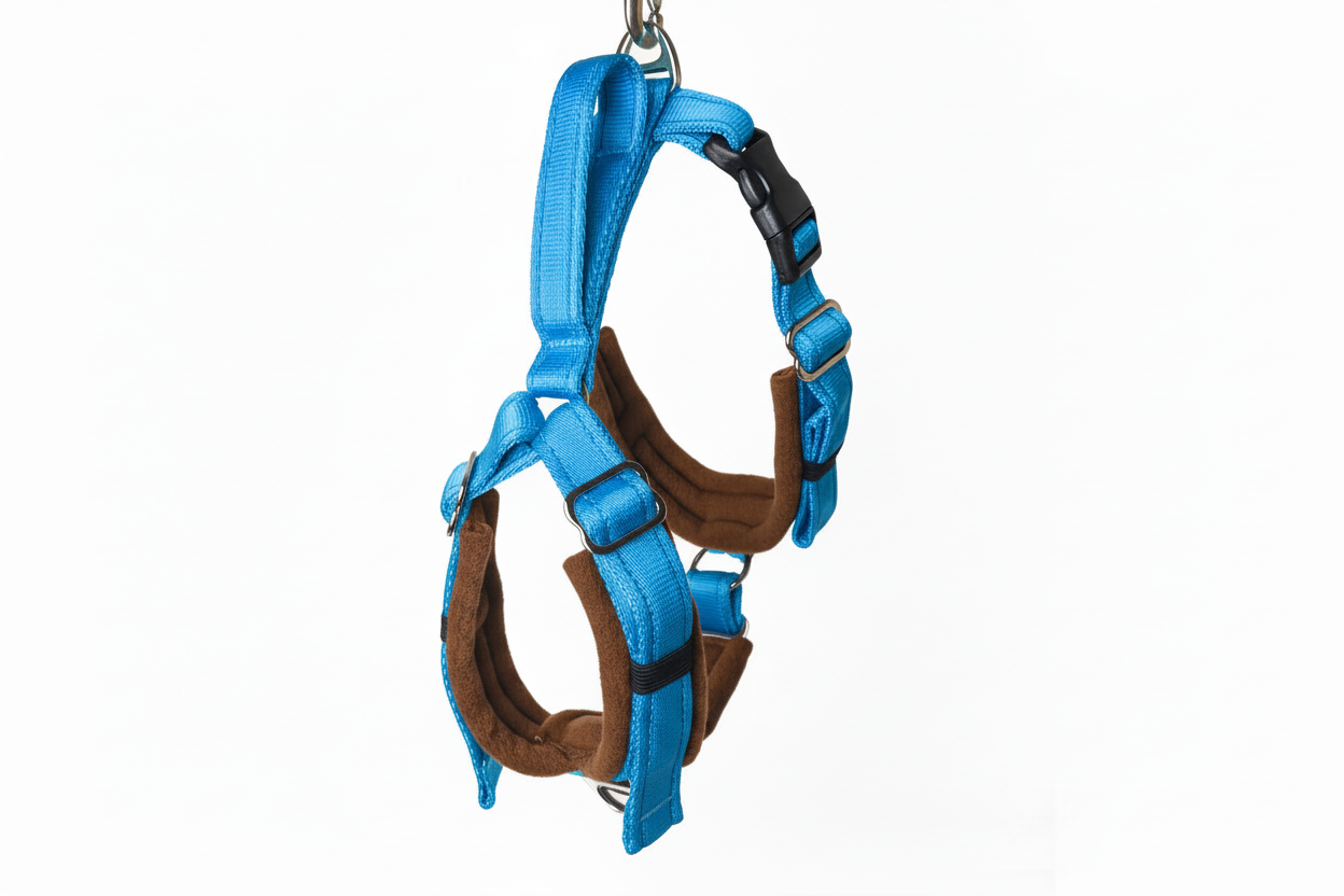 Electric blue and brown harness