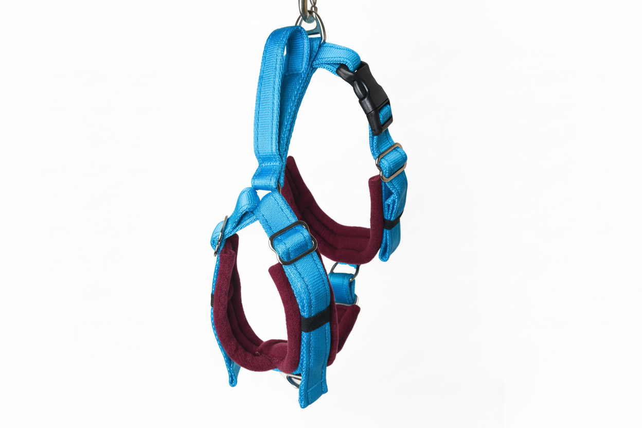 Electric blue and burgundy harness
