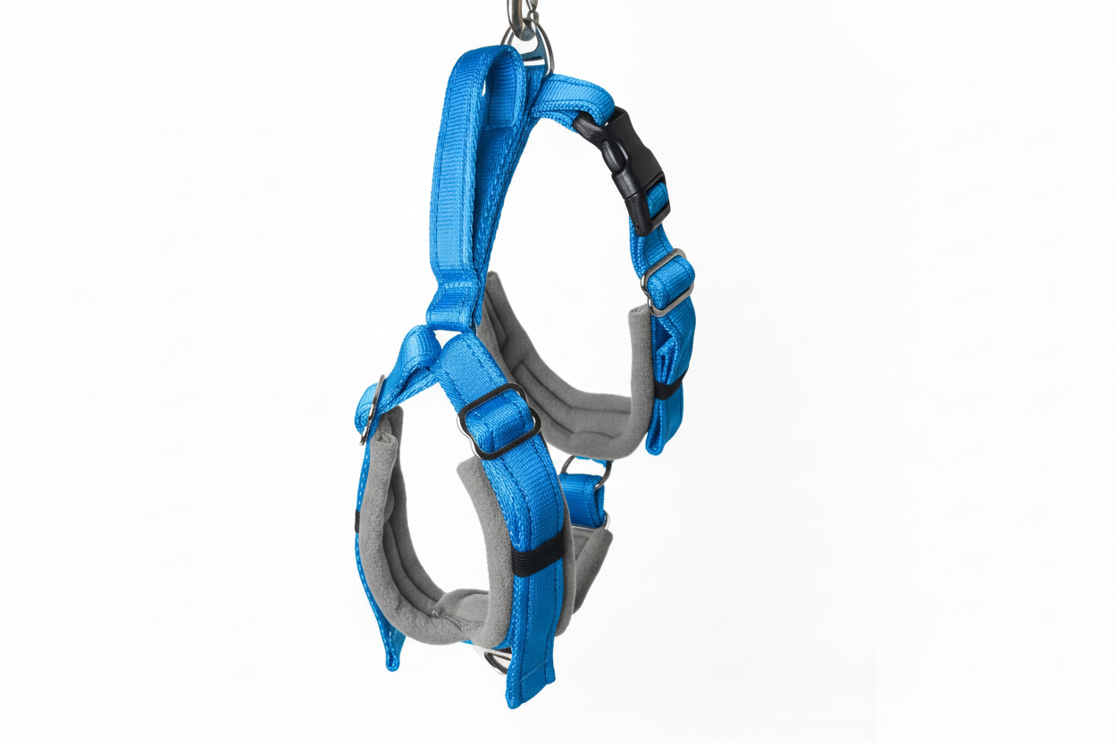 Electric blue and grey harness