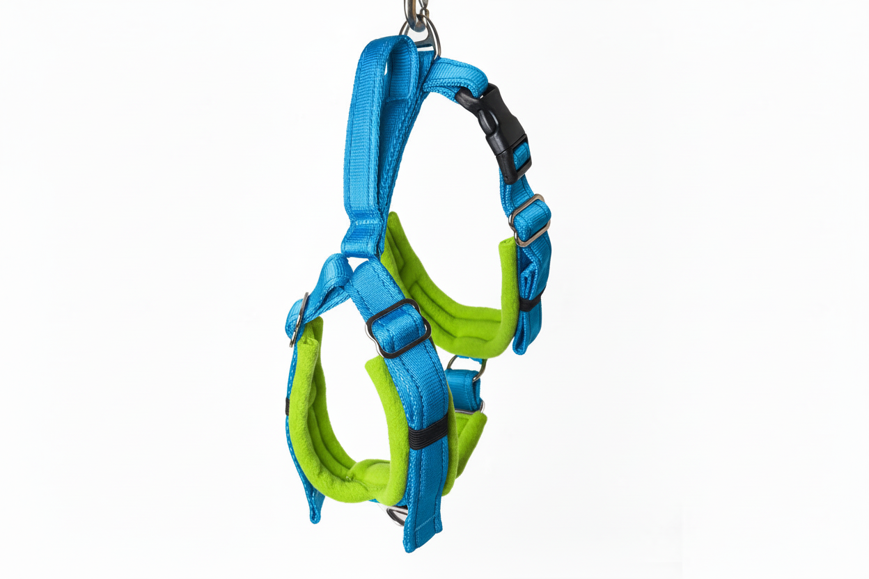 Electric blue and lime green harness