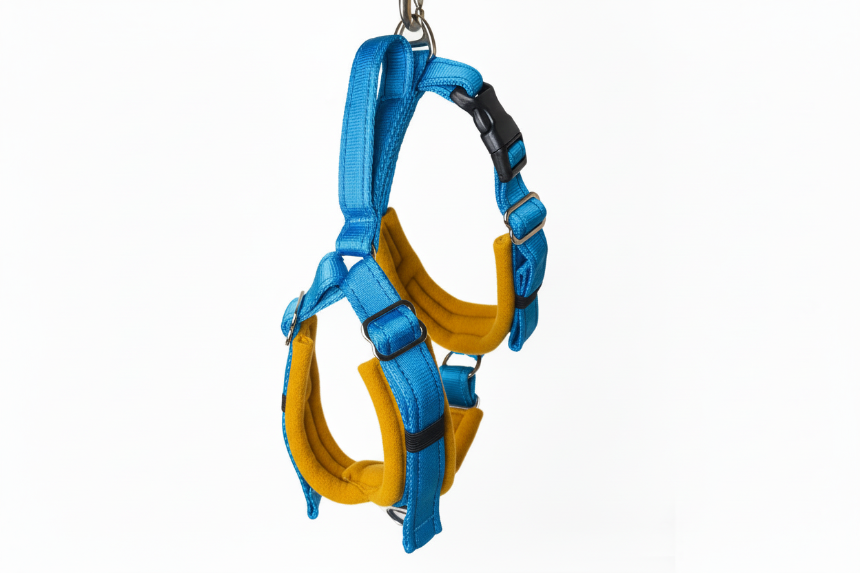 Electric blue and mustard harness