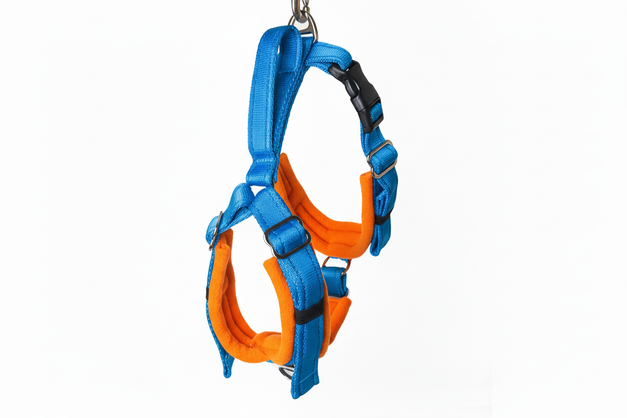 Electric blue and orange harness