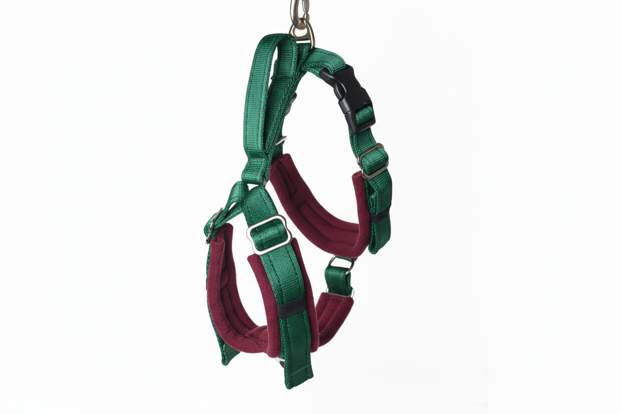 Forest green and burgundy harness