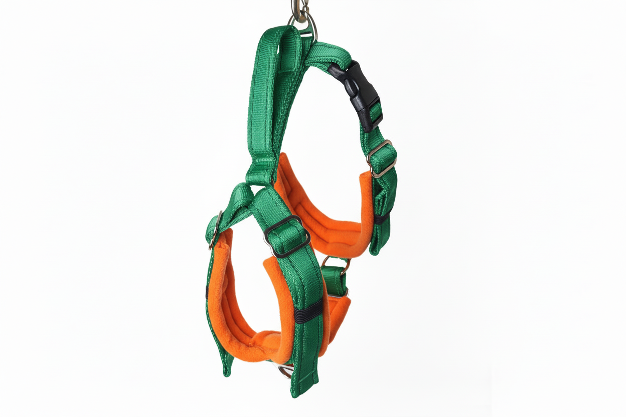 Forest green and orange harness