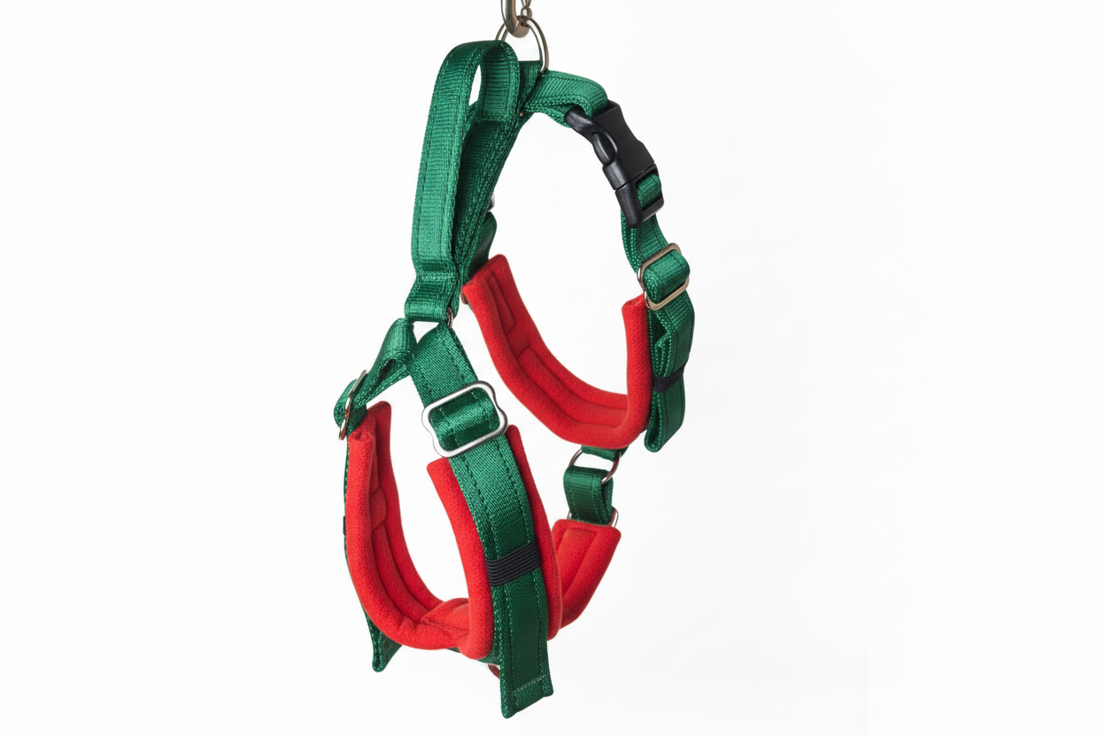 Forest green and red harness