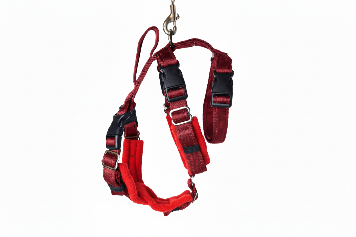 Harness with red padding and burgundy webbing
