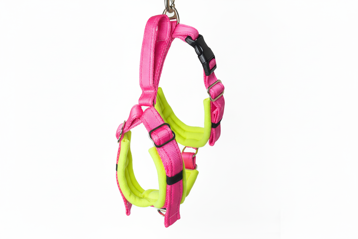 Hot pink and high-vis yellow harness