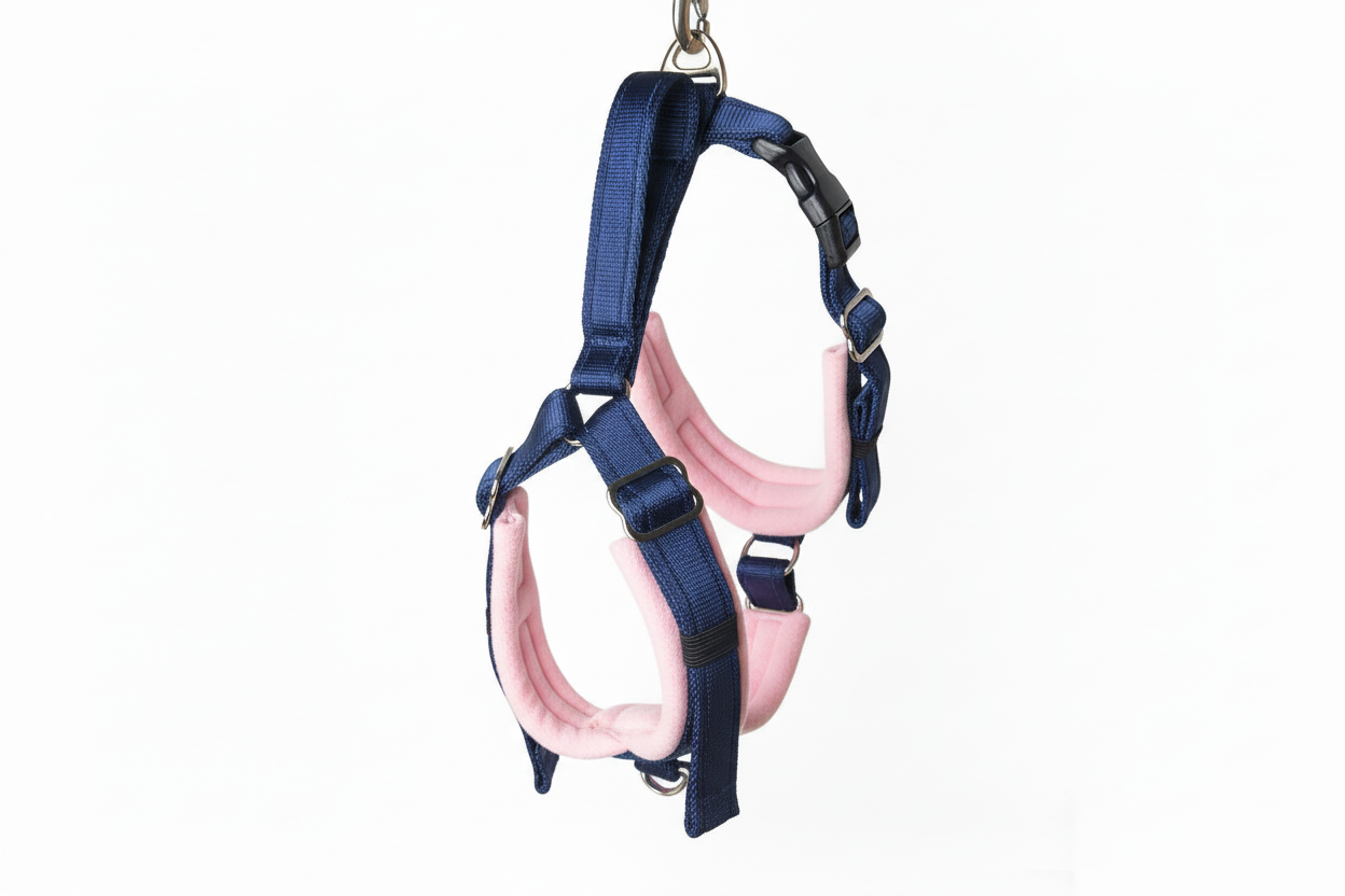 Navy blue and baby pink harness