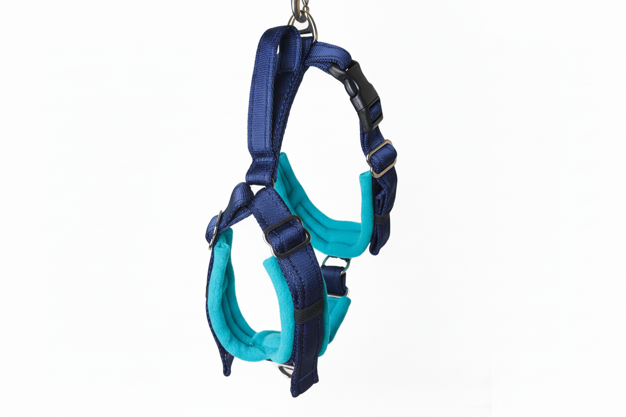 Navy blue and bright turquoise harness