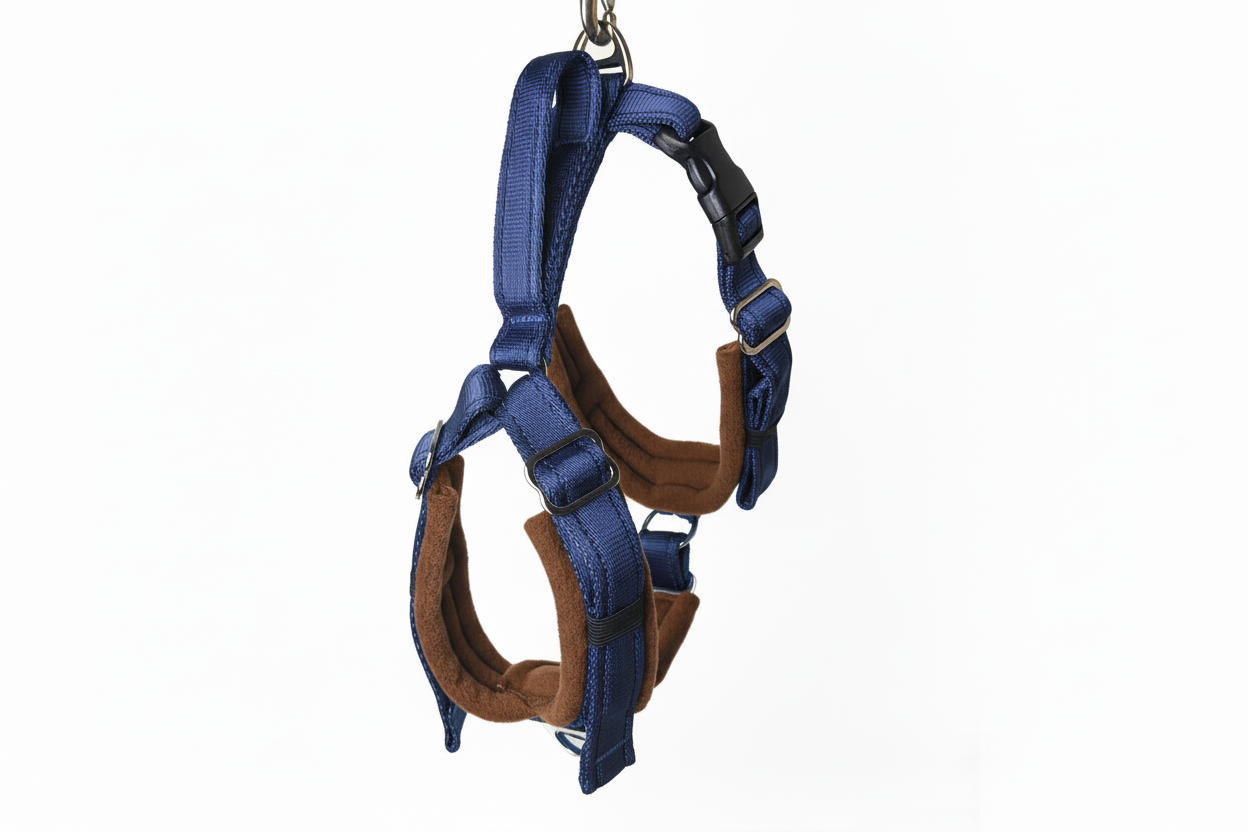 Navy blue and brown harness