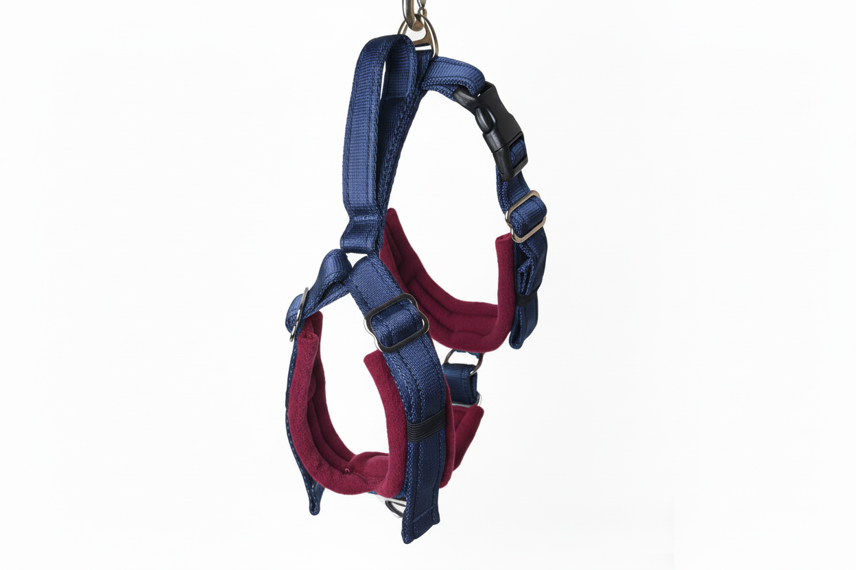 Navy blue and burgundy harness